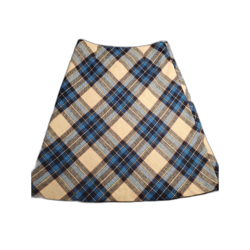 Chadwicks of Boston Wool Blend Skirt Blue Brown 10 Plaid Lined Side Zip Vintage